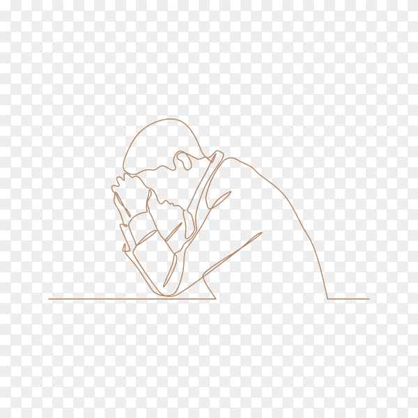 Continuous line drawings of man feeling sad tired and worried about suffering from depression in mental health on transparent background PNG