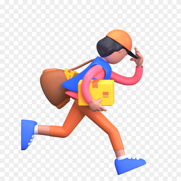 Delivery boy running with packages and bag for speedy delivery at home on transparent background PNG