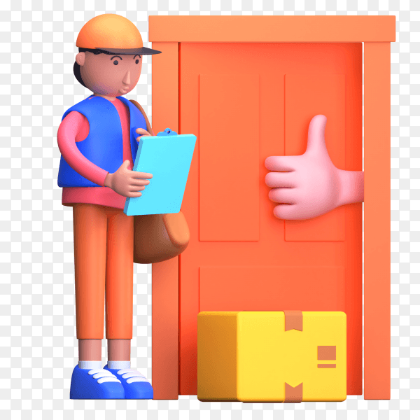 Delivery man drop order parcel to the door to door with a clipboard of list and bag on transparent background PNG