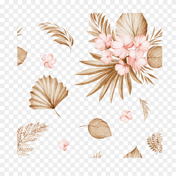 Floral seamless pattern of brown and burgundy watercolor roses and wild flowers arrangements on transparent background PNG