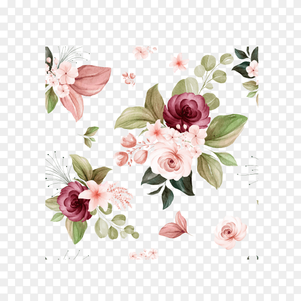 Floral seamless pattern of brown and burgundy watercolor roses on transparent background PNG