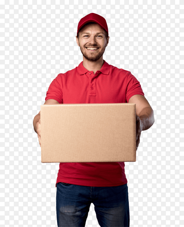 Front view delivery male with package on transparent background PNG