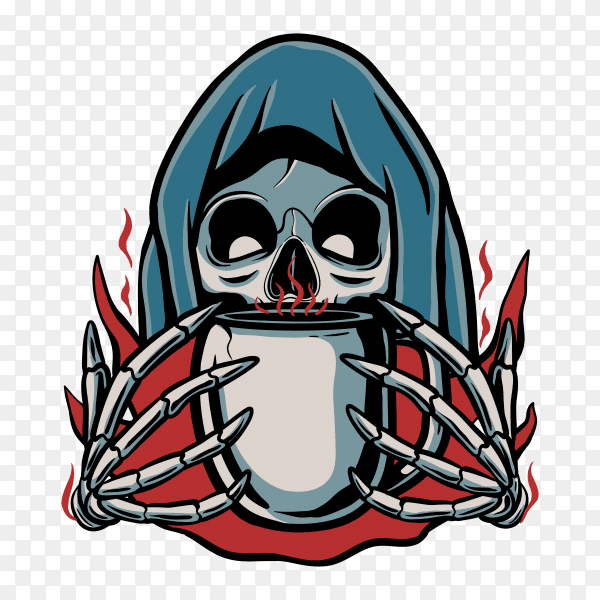 Grim reaper holding mug of coffee on transparent background PNG