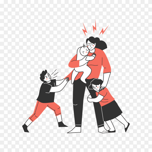 Illustration of Family annoyance. irritation and child fatigue of the mother on transparent background PNG