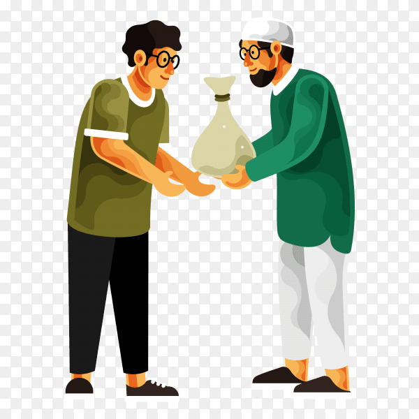 Man giving alms or zakat in the holy month of ramadan. muslim giving donation to a poor homeless man on transparent background PNG