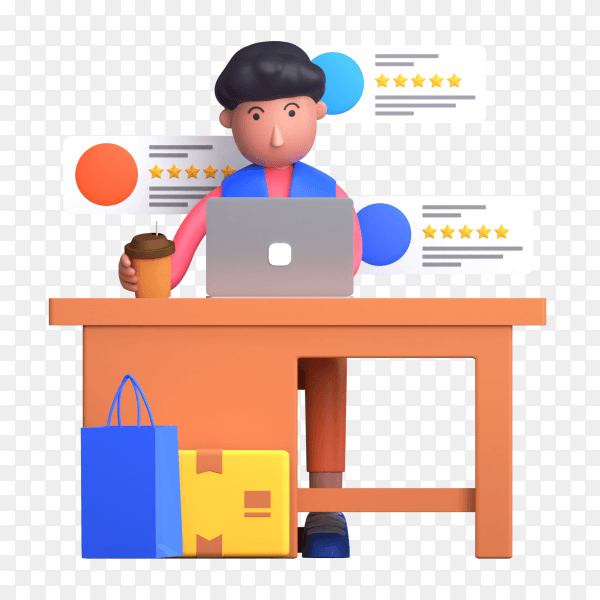 Man giving rating and review of delivery items while sitting on the desk and working on laptop on transparent background PNG
