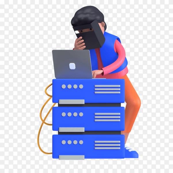 Man holding safety mask and operating laptop for hosting server on transparent background PNG
