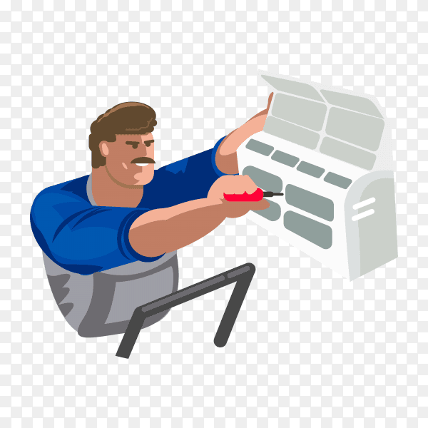 Master cleans air conditioner technical service for maintenance ventilation systems on transparent background PNG