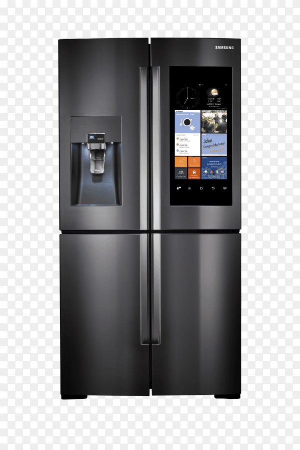 Modern side by side stainless steel smart refrigerator touch screen on transparent background PNG