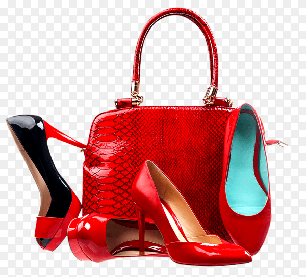 Red fashion women shoes and handbag on transparent background PNG