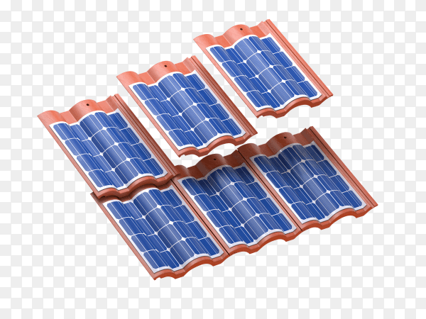 Solar panels integrated in roof tiles or shingles on transparent background PNG
