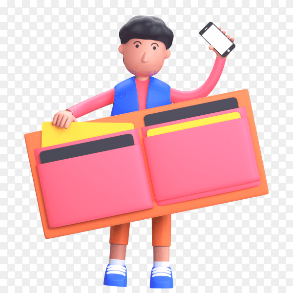 Wallet man holding smartphone with online payment concept on transparent background PNG