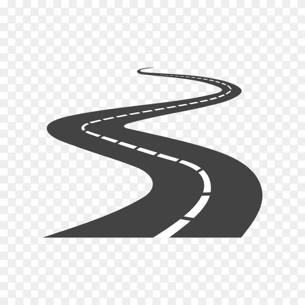Black curve color road or highway with dividing marking on transparent background PNG