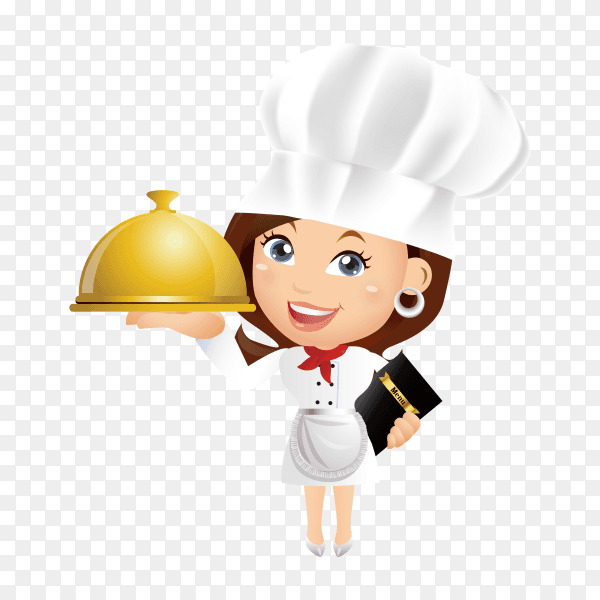 Cartoon chef woman holding tray on transparent background PNG
