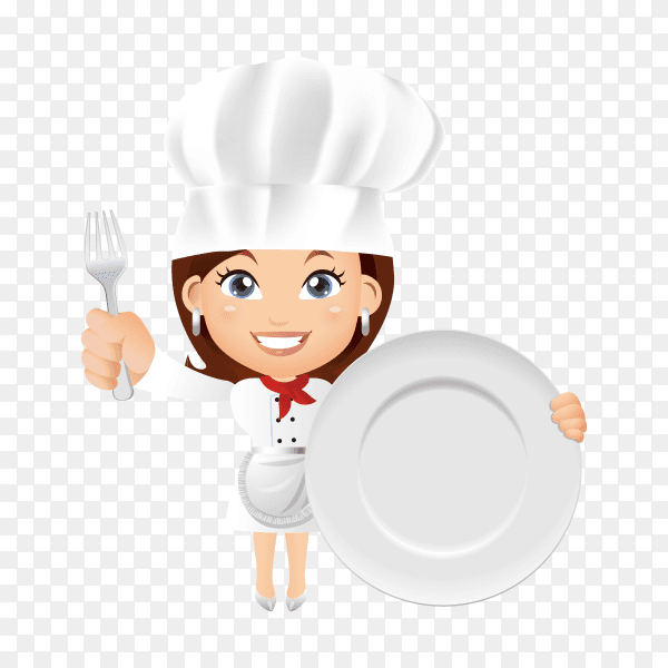 Chef woman holding dish and fork on transparent background PNG