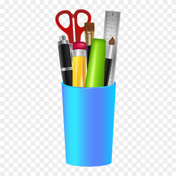 Different stationery items in blue plastic glass composition on transparent background PNG