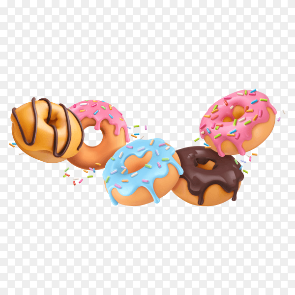 Falling glazed donuts with sprinkles on transparent background PNG