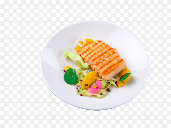 Grilled salmon fillet steak with salad garnish on transparent background PNG