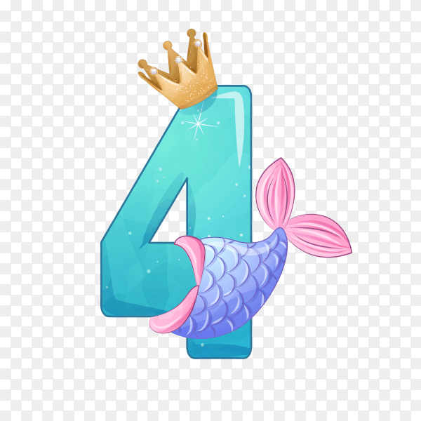 Number Four shaped Cute mermaid for birthday party on transparent background PNG