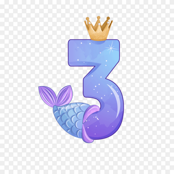 Number Three shaped Cute mermaid for birthday party on transparent background PNG