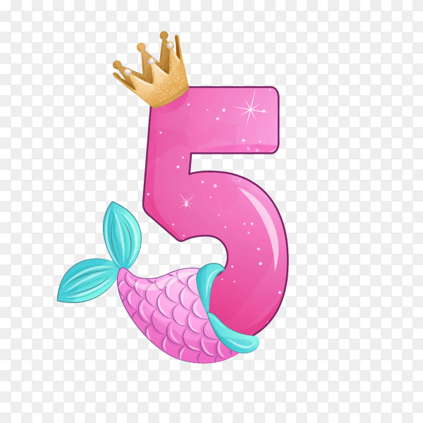 Number five shaped Cute mermaid for birthday party on transparent background PNG