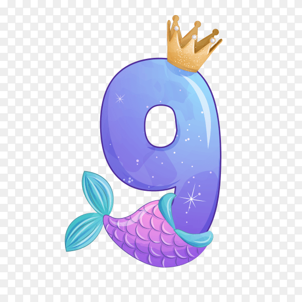 Number nine shaped Cute mermaid for birthday party on transparent background PNG
