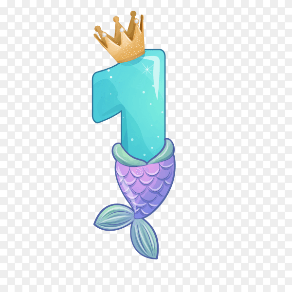 Number one shaped Cute mermaid for birthday party on transparent background PNG