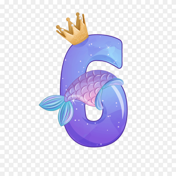 Number six shaped Cute mermaid for birthday party on transparent background PNG