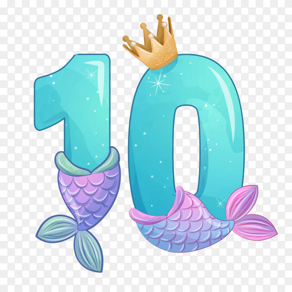 Number ten shaped Cute mermaid for birthday party on transparent background PNG