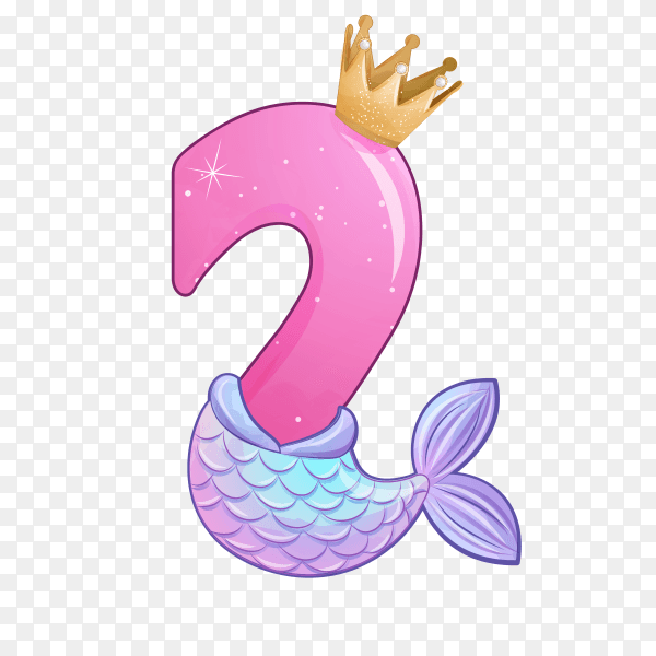 Number two shaped Cute mermaid for birthday party on transparent background PNG