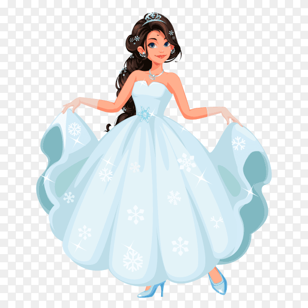 Beautiful cute princess holding her long blue dress on transparent background PNG