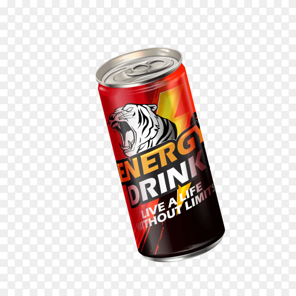 Energy drink contained in metal can on transparent background PNG