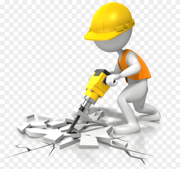 3D construction worker with a handheld hydraulic breaker on transparent background PNG