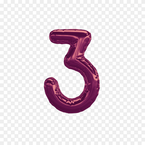 3D number 3 foil balloon on transparent background PNG