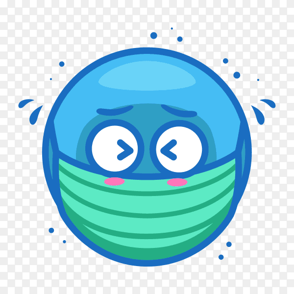 Blue emoji face wearing medical face on transparent background PNG
