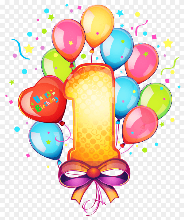 Colorful balloons and gold number one on transparent background PNG