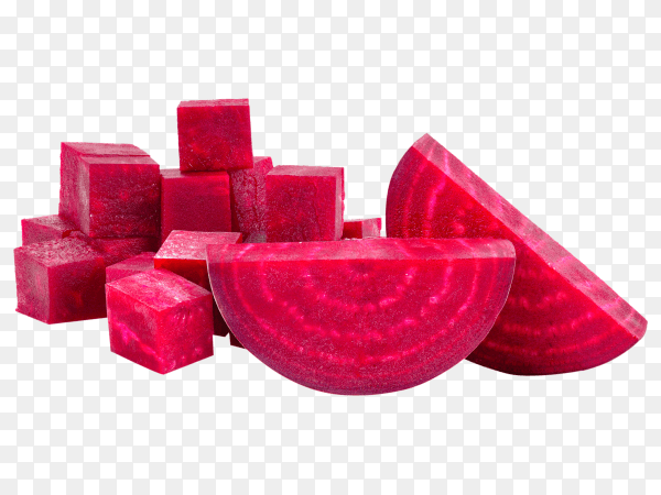 Cut beetroot slice and cubes isolated on transparent background PNG