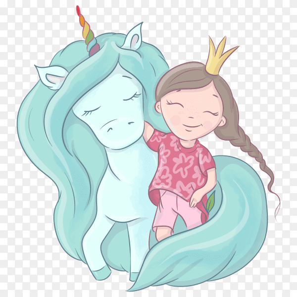 Cute cartoon unicorn and princess girl are best friends. watercolor illustration on transparent background PNG
