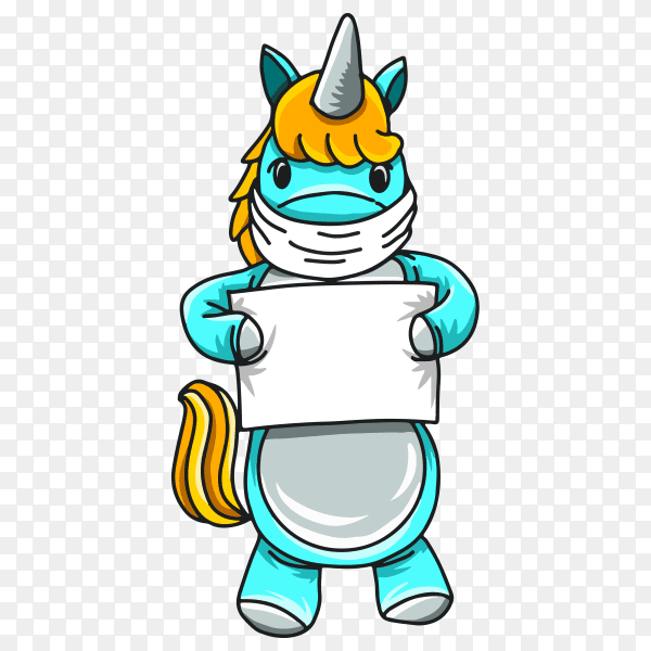 Cute cartoon unicorn hold sign hand drawn illustration on transparent background PNG
