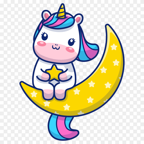 Cute cartoon unicorn on moon illustration on transparent background PNG
