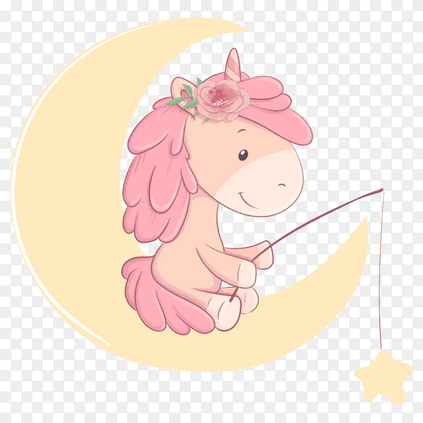 Cute cartoon unicorn sits on the moon and catches the stars illustration on transparent background PNG