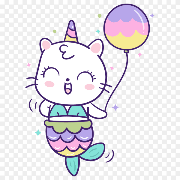 Cute cat unicorn mermaid holding balloon on transparent background PNG