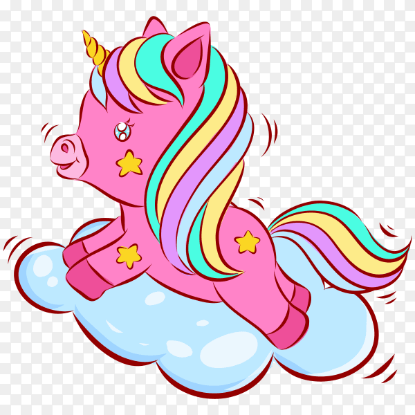Cute colorful unicorn playing on the cloud with happy smile cartoon illustration on transparent background PNG