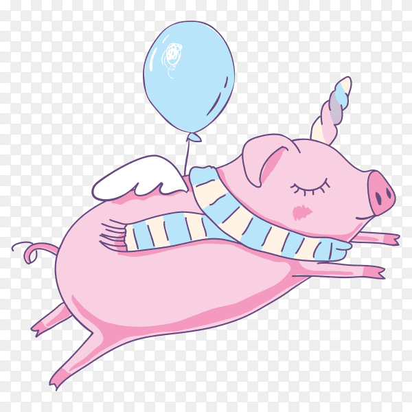 Cute pig as Pegasus and unicorn on transparent background PNG