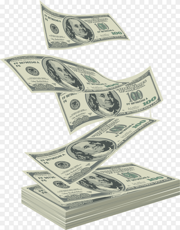 Dollars money rain - hundreds of 100 dollars falling from the top on transparent background PNG