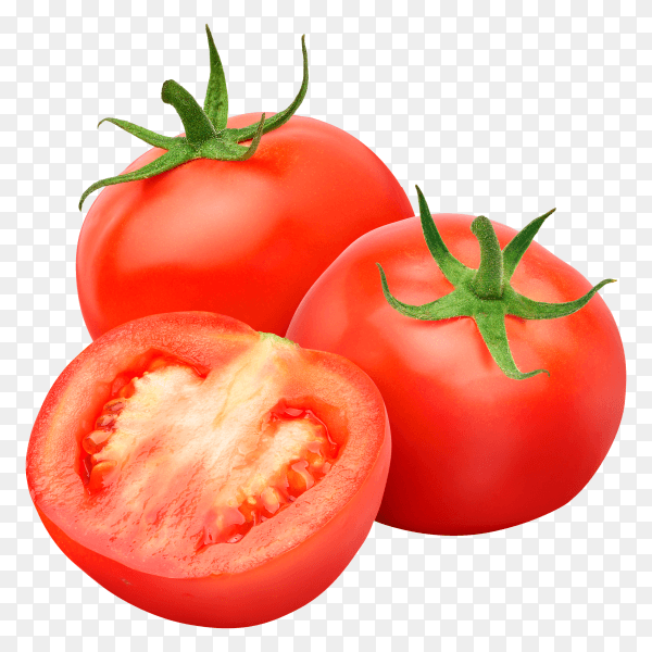 Fresh juicy red tomato with cut half isolated on transparent background PNG
