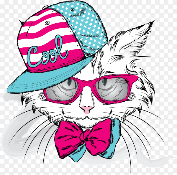 Funny cartoon cat wearing sunglasses and cap on transparent background PNG