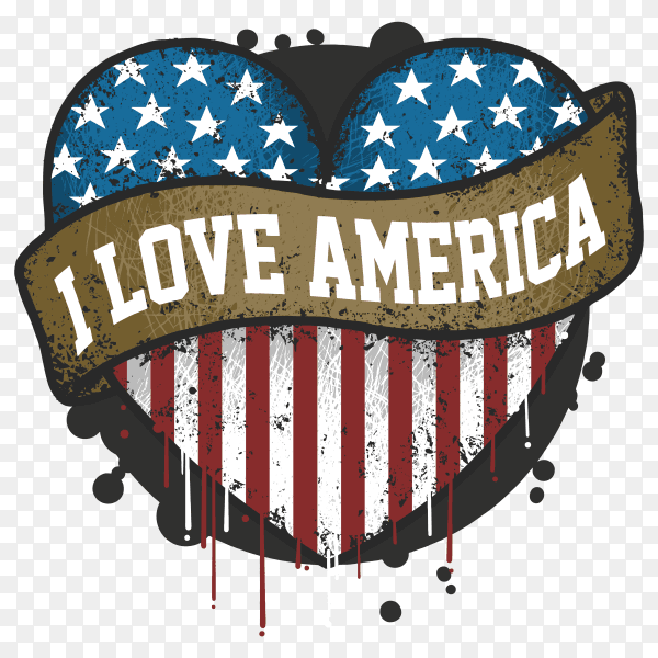 I love you America USA flag with grunge artwork on transparent background PNG