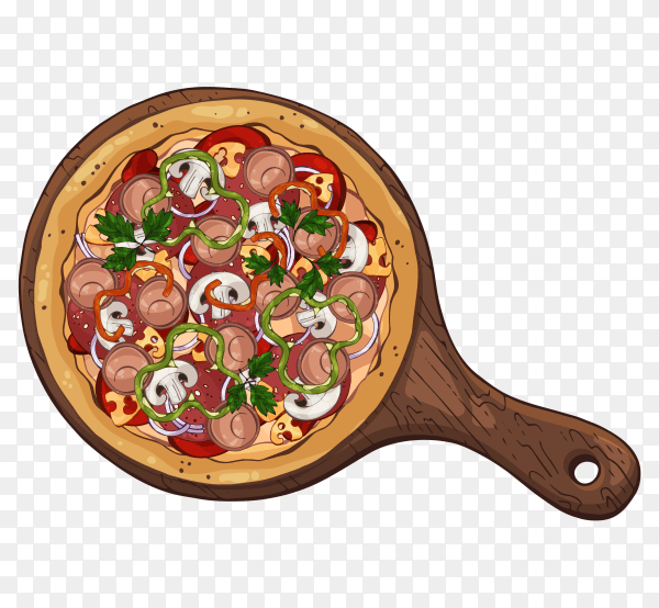 Pizza on wooden board on transparent background PNG