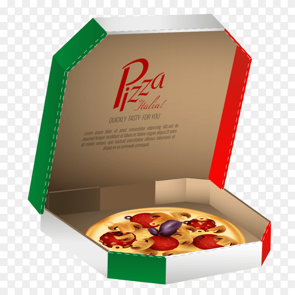 Realistic delicious pizza in carton on transparent background PNG